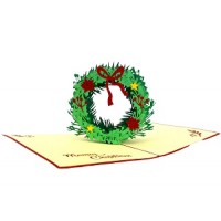 Handmade 3D Pop Up Xmas Card Happy Christmas Green Wreath Red Bow Yellow Star Seasonal Greetings Gift Ornament Decorations